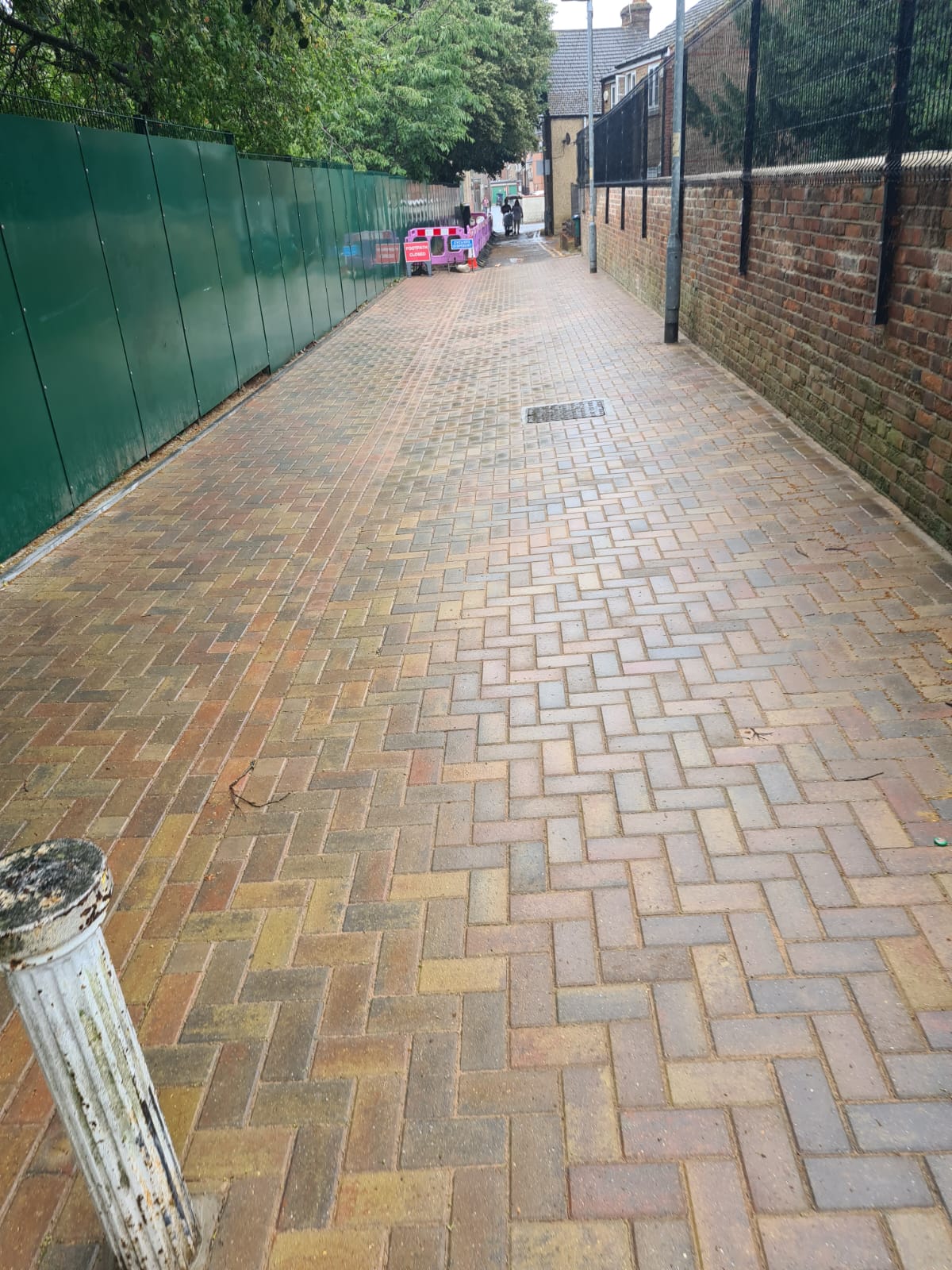 Long completed multicolour block-paved path